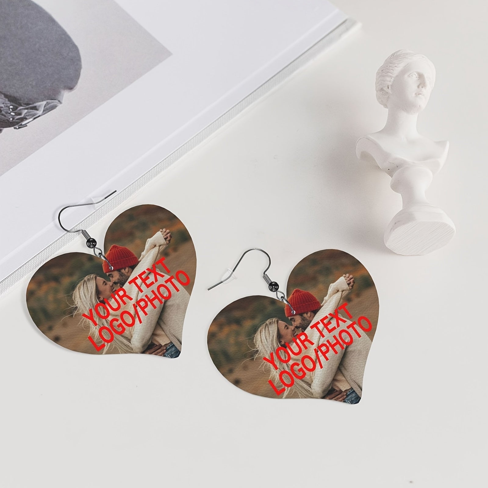 Pendientes de cuero en forma de corazón personalizados con texto o foto, plateados en plata, joyería elegante