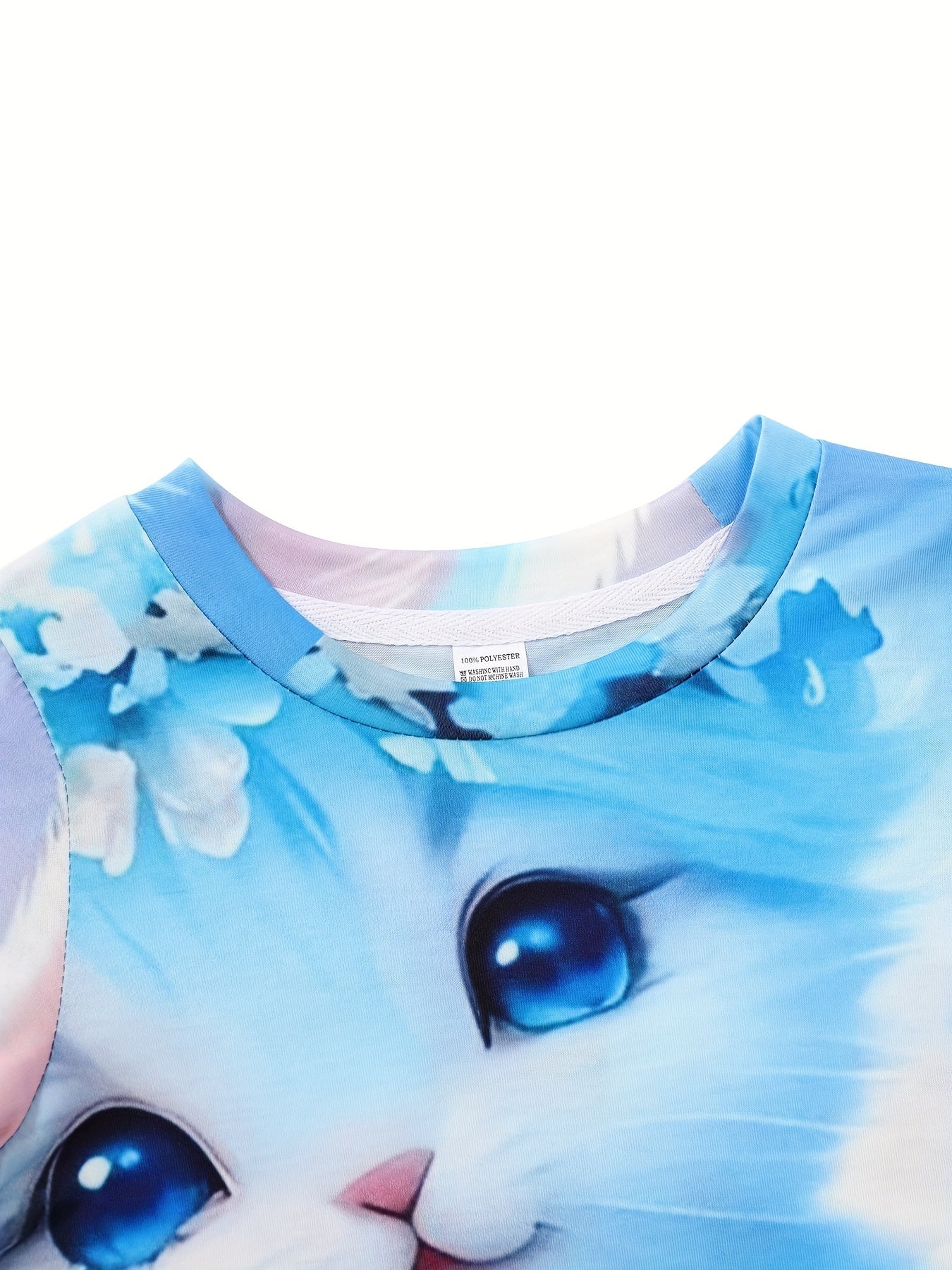 Girls Long Sleeve Dress with Kitty and Floral Pattern in Light Green Navy Blue Sky Blue