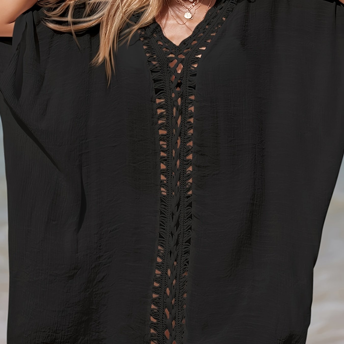 Women's Solid Color V Neck Crochet Trim Cover Up Dress for Beach Holiday