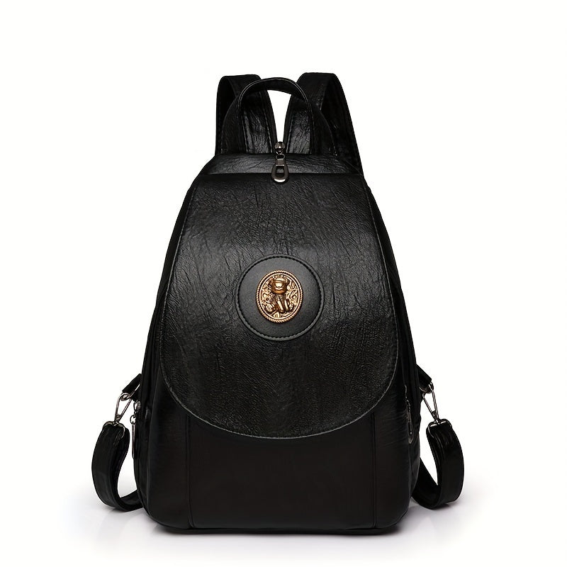 Women's Faux Leather Backpack Retro Denim Style Adjustable Straps Multiple Compartments Black Beige Brown