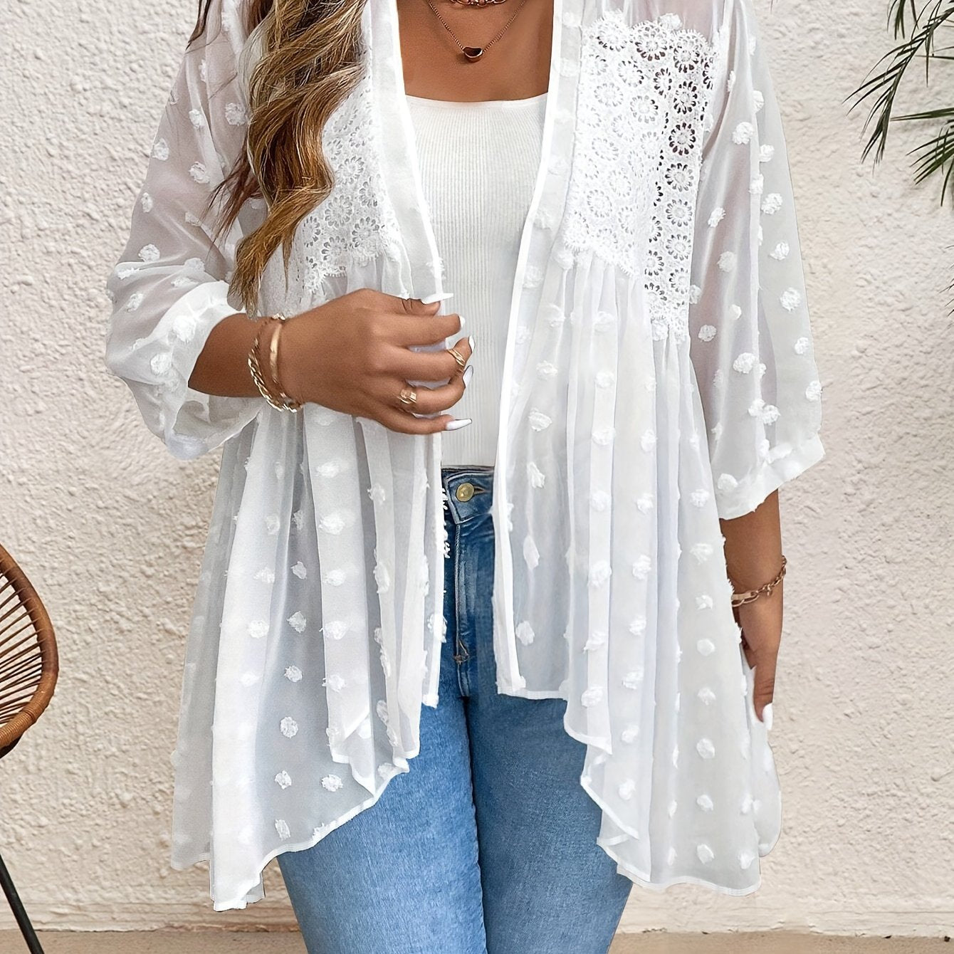Plus Size Swiss Dot Open Front Kimono with Lace Stitching Spring Summer Women