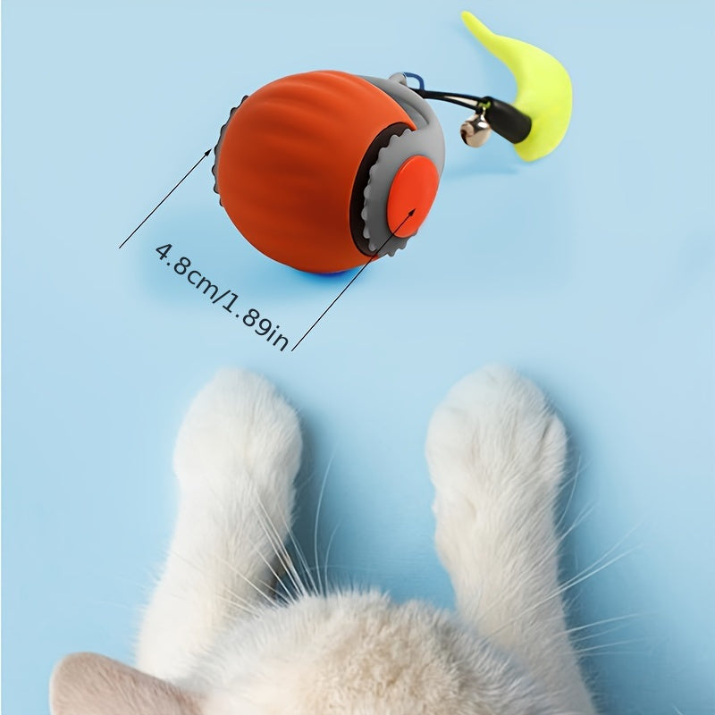 Interactive Cat Toy with Bell and Long Tail USB Rechargeable Rolling Teaser Ball in Red and Gray