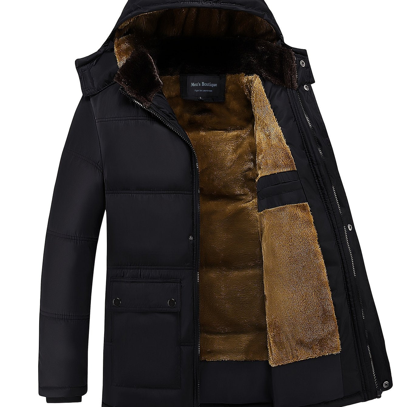 Men's Hooded Padded Polyester Jacket with Zipper Pockets Solid Color Casual Outerwear