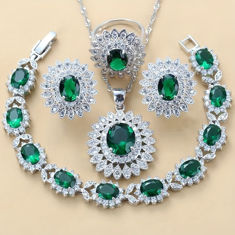 Sunflower Jewelry Set for Women Silver Plated Cubic Zirconia Earrings Ring Necklace Bracelet Wedding Vacation