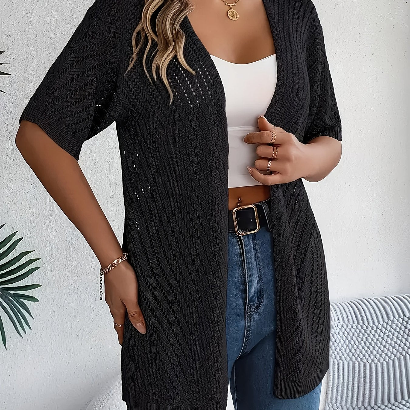 Cárdigan de punto para mujer de manga corta transpirable para verano, top elegante