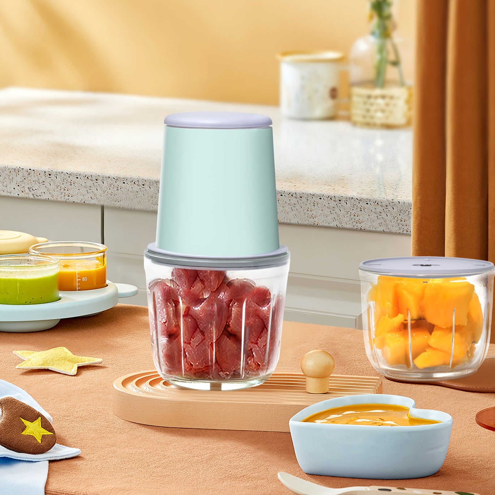 USB bilan qayta to'ldiriladigan elektr go'sht maydalagich va oziq-ovqat protsessori - 0.6L shisha blender, 6 ta o'tkir pichoq bilan, 148W, yengil to'q rangli asos, shaffof korpus, uy oshxonasida foydalanish uchun mukammal