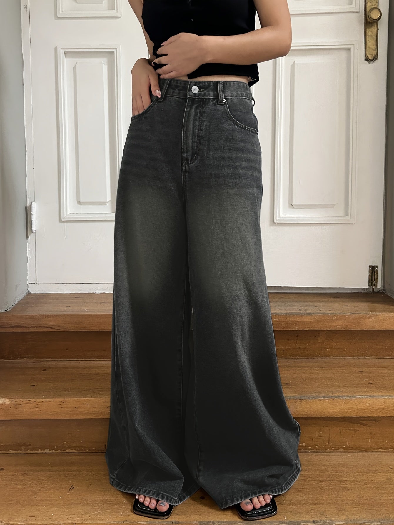 Women's High-Waisted Wide Leg Denim Jeans Solid Color Non-Stretch Casual Spring Summer Fall