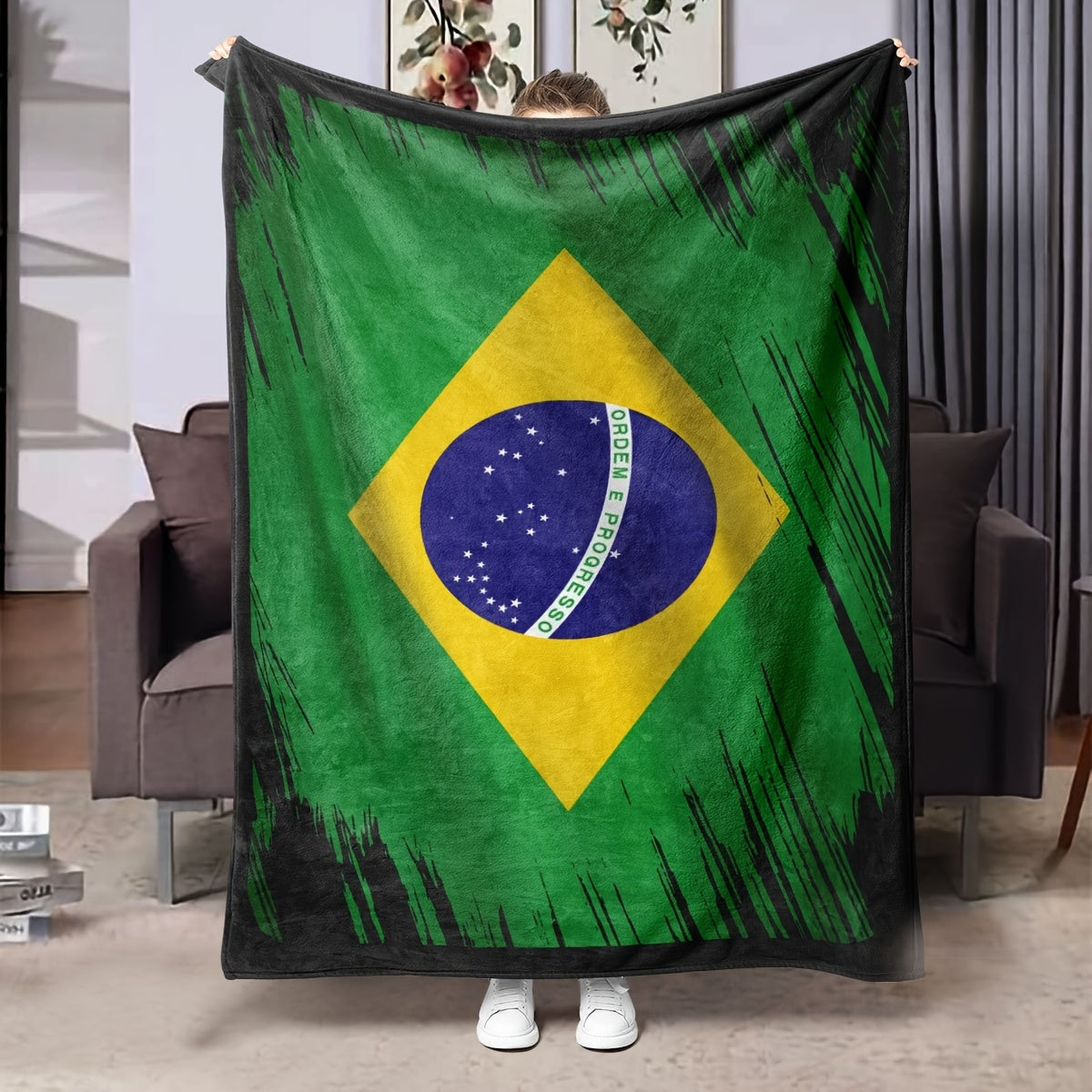 Manta de impresión digital de la bandera brasileña, de franela, para tirar, verde, amarillo, negro, para todas las estaciones