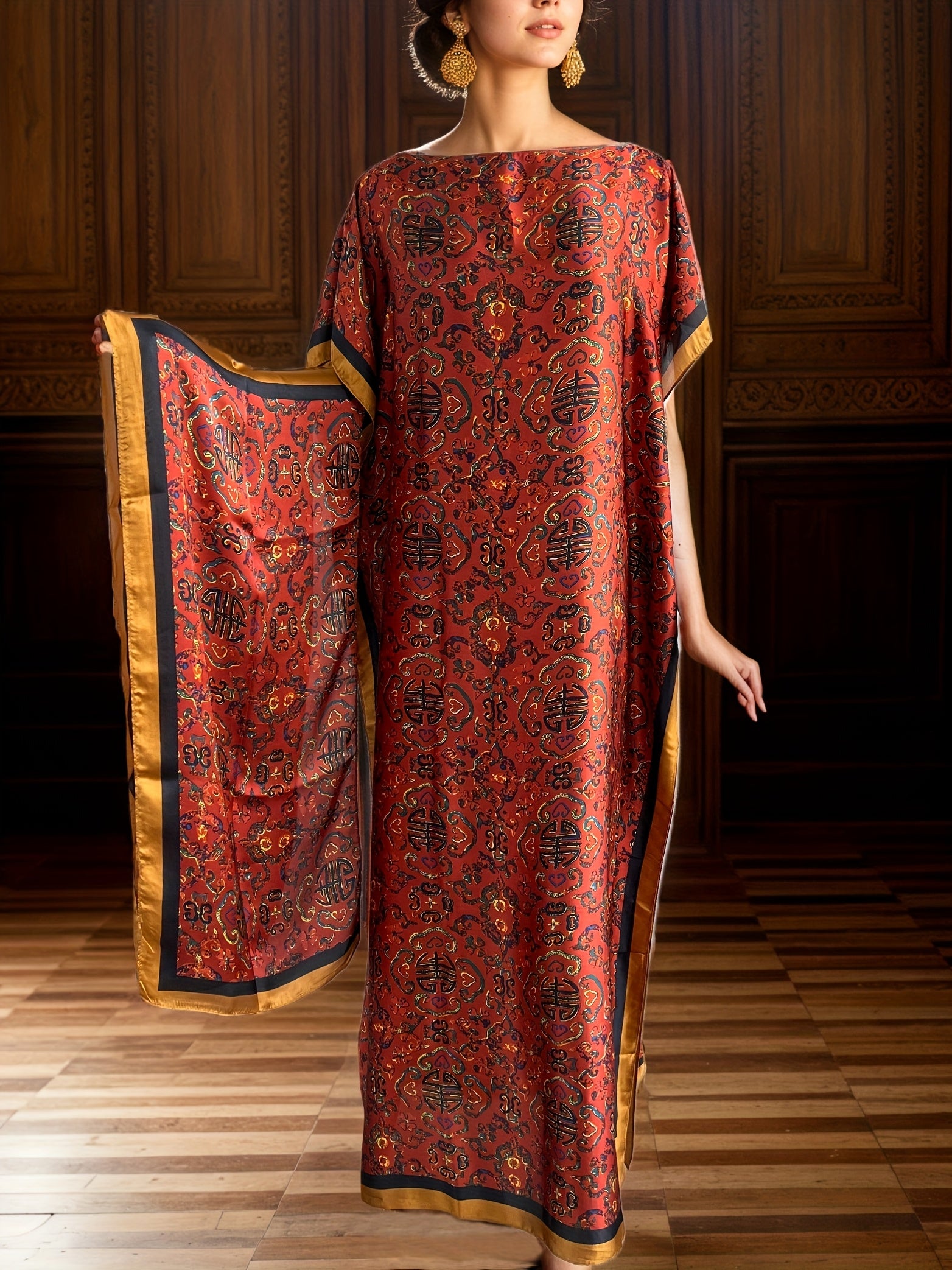 Платье большого размера для женщин с цветочным принтом и шарфом, бордовый с золотым, этнический стиль