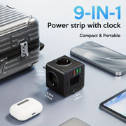 9-in-1 Power Strip with Clock 3 EU Outlets 3 USB-A Ports 2 USB-C Ports Overload Protection Wall Mountable