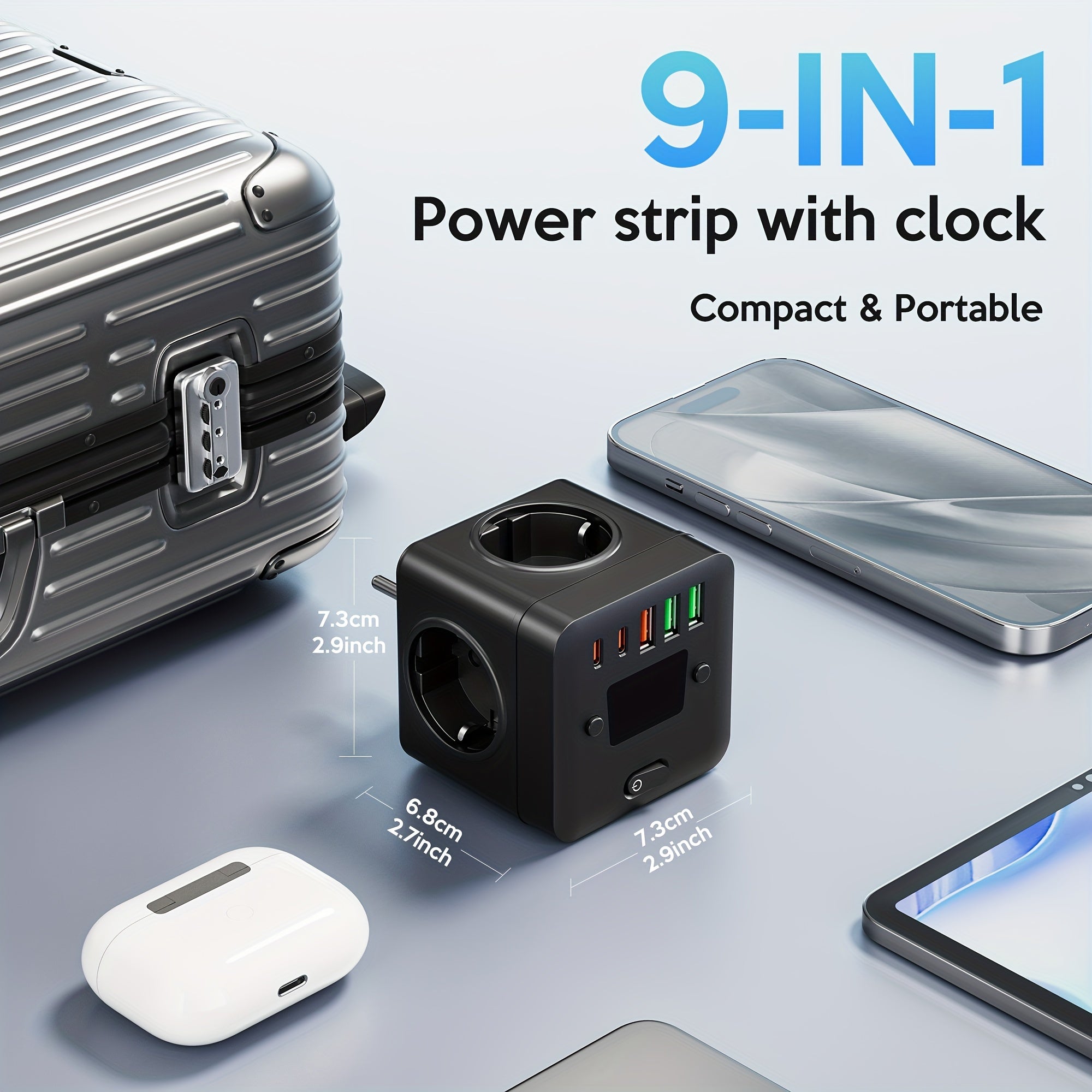 9-in-1 Power Strip with Clock 3 EU Outlets 3 USB-A Ports 2 USB-C Ports Overload Protection Wall Mountable