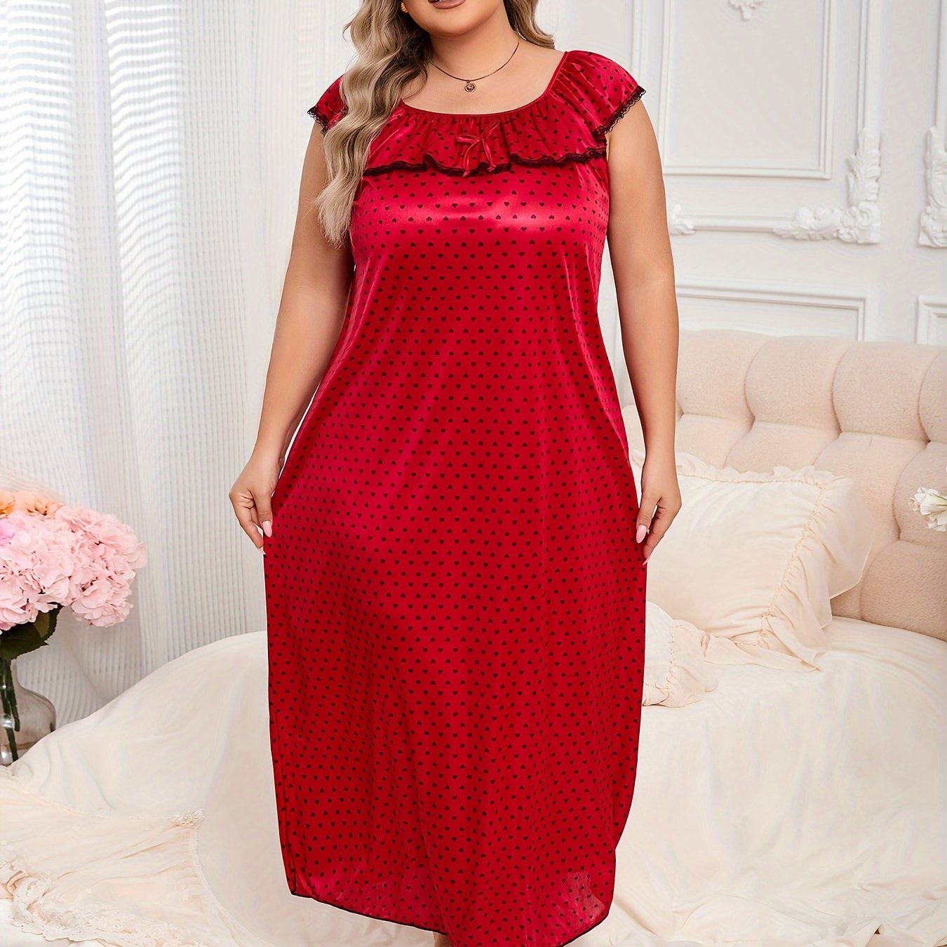 Women's Plus Size Nightdress Heart Print Ruffle Lace Lounge Dress
