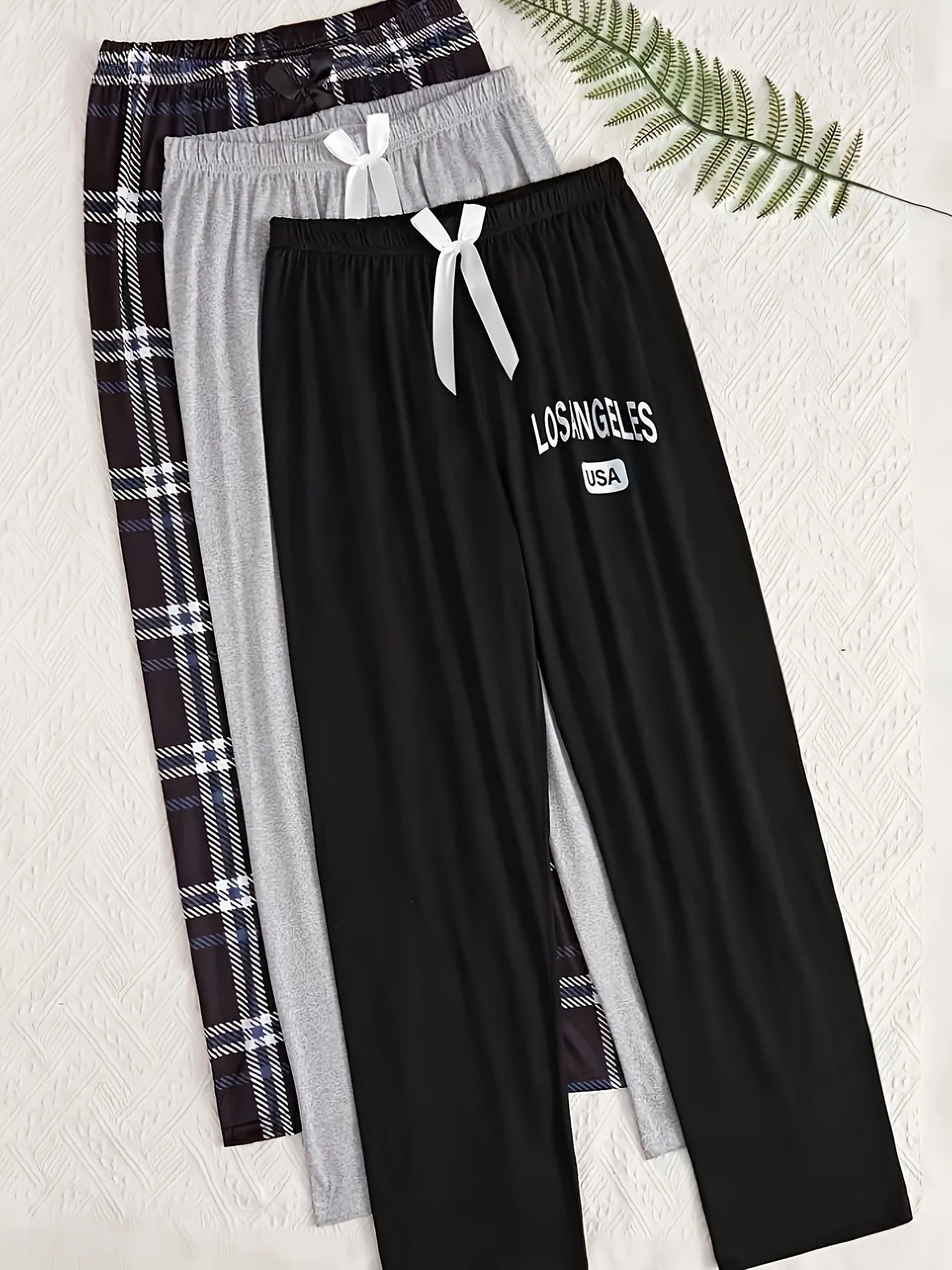 Plus Size Lounge Pants Women Letter and Plaid Print with Bow Elastic Waistband Set of 3