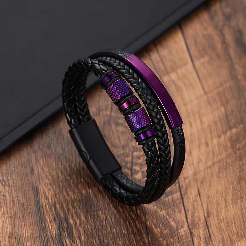 Men's Black Leather Bracelet Stainless Steel Magnetic Closure Punk Style Accessories