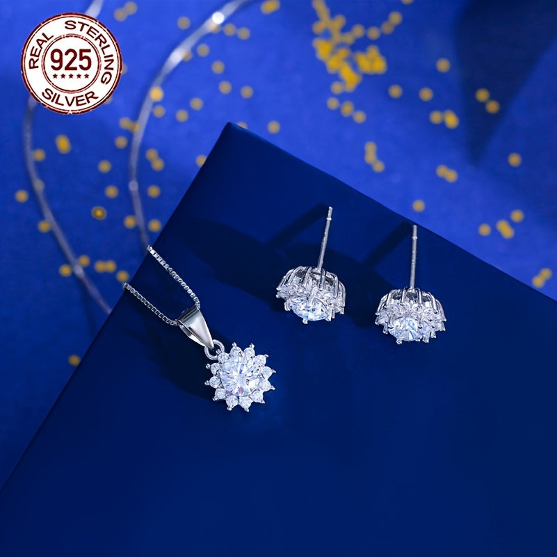 Sterling Silver Sunflower Jewelry Set with Cubic Zirconia Earrings and Pendant
