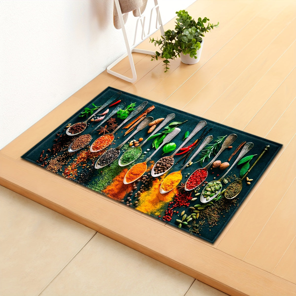 Set of Kitchen Spoons Spices Welcome Mat Non-Slip Bathroom Floor Carpet