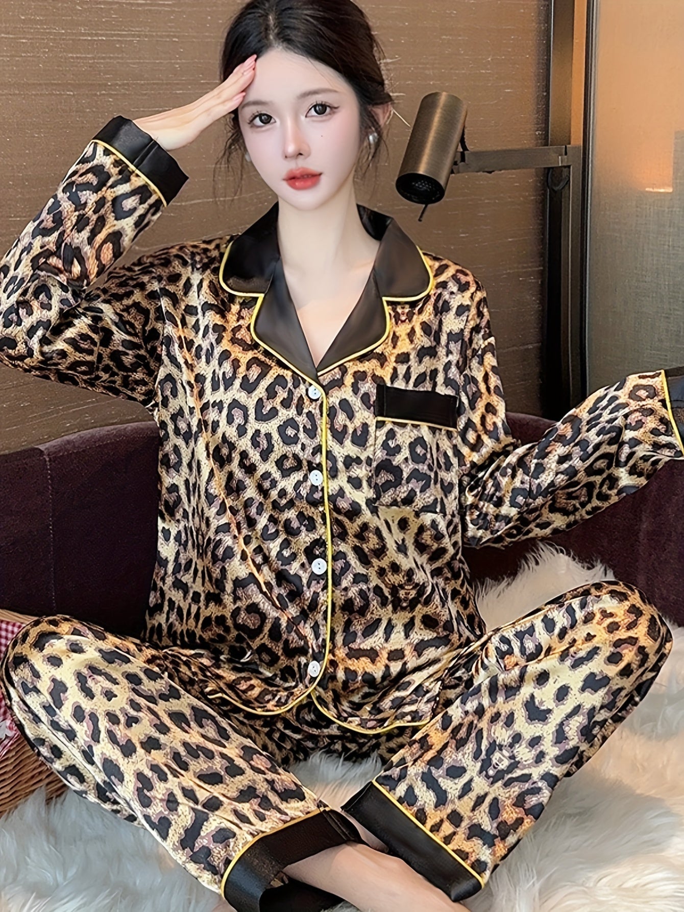 Women's Leopard Print Pajama Set Long Sleeve Lapel Collar Polyester Spandex Fall Winter