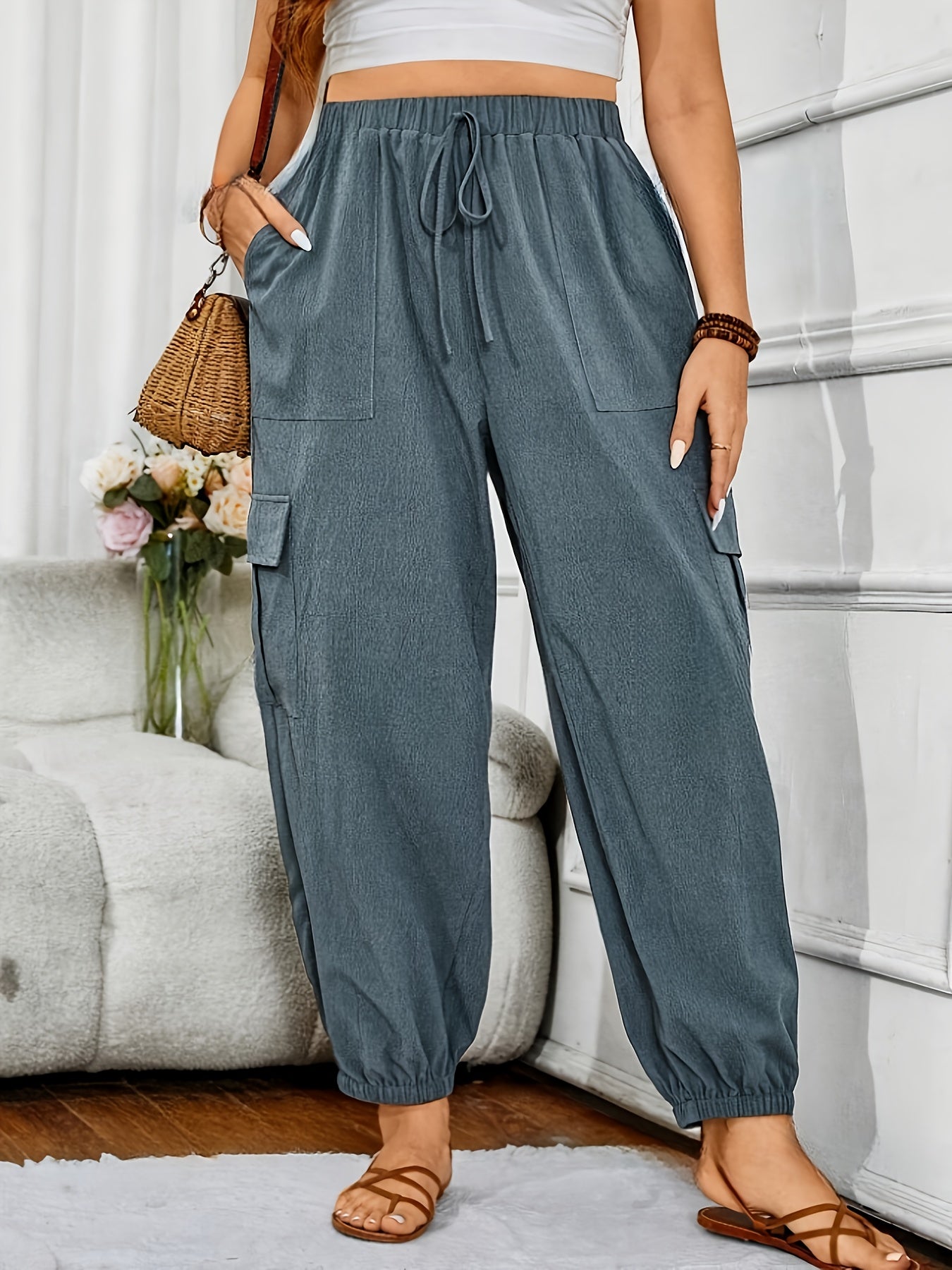 Plus Size Women's Jogger Pants Dark Grey Non-Stretchy Casual Lounge Trousers