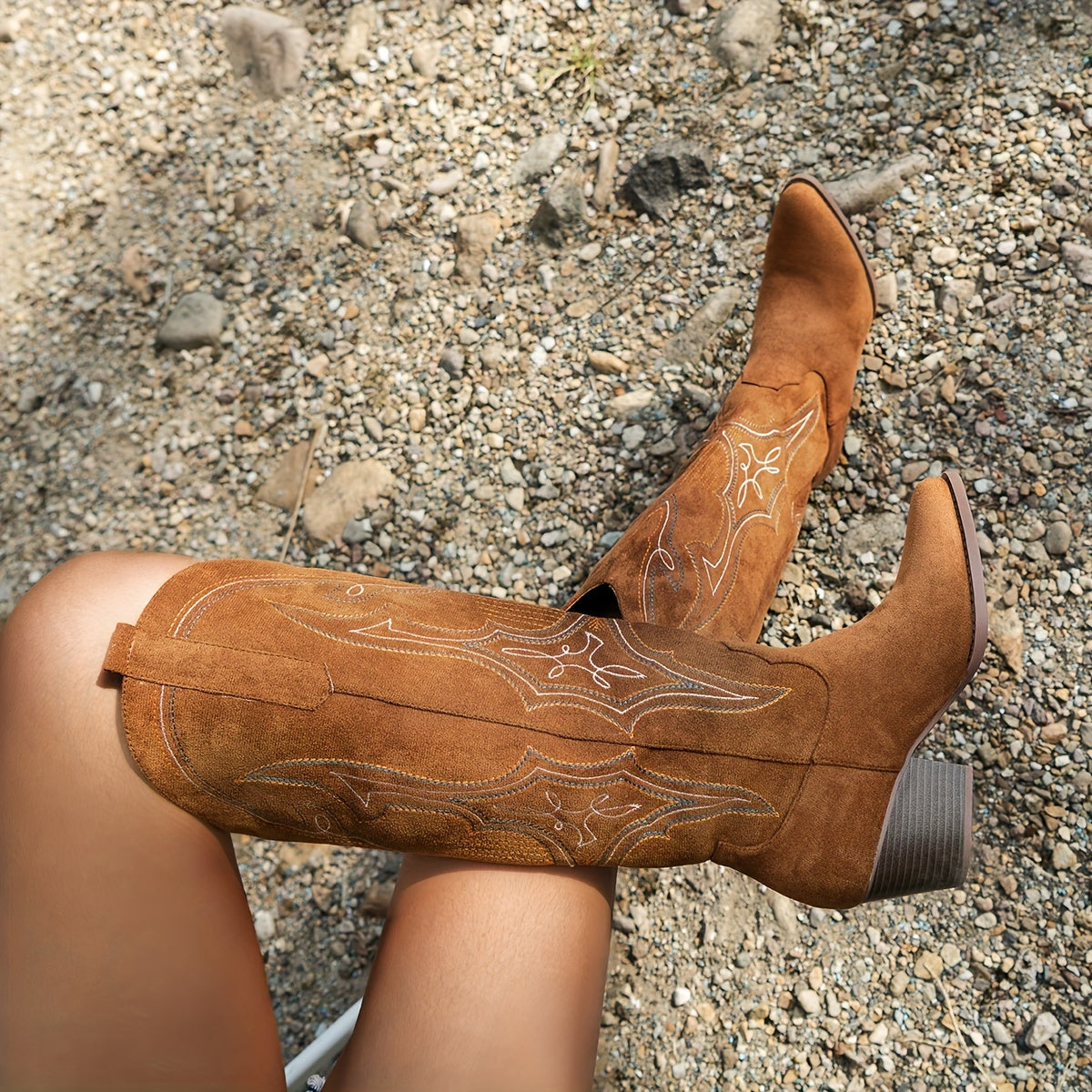 Women's Western Embroidered Cowboy Boots Slip-On Chunky Heels Pointed Toe