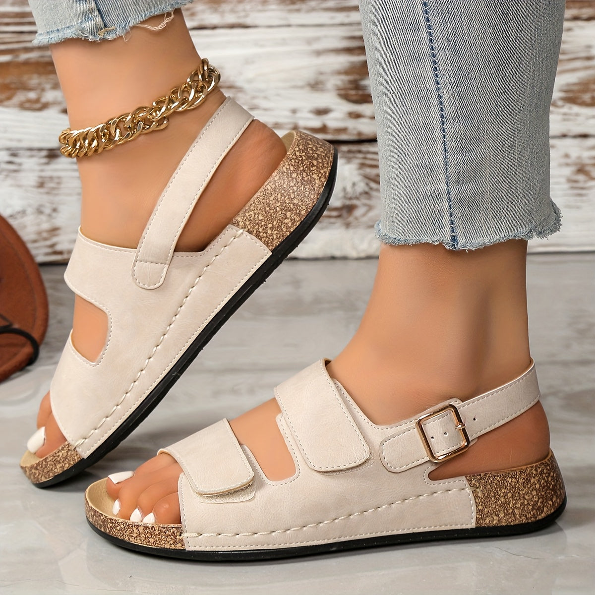 Women's Summer Sandals Open Toe Cushioned Dark Blue Cork Strappy