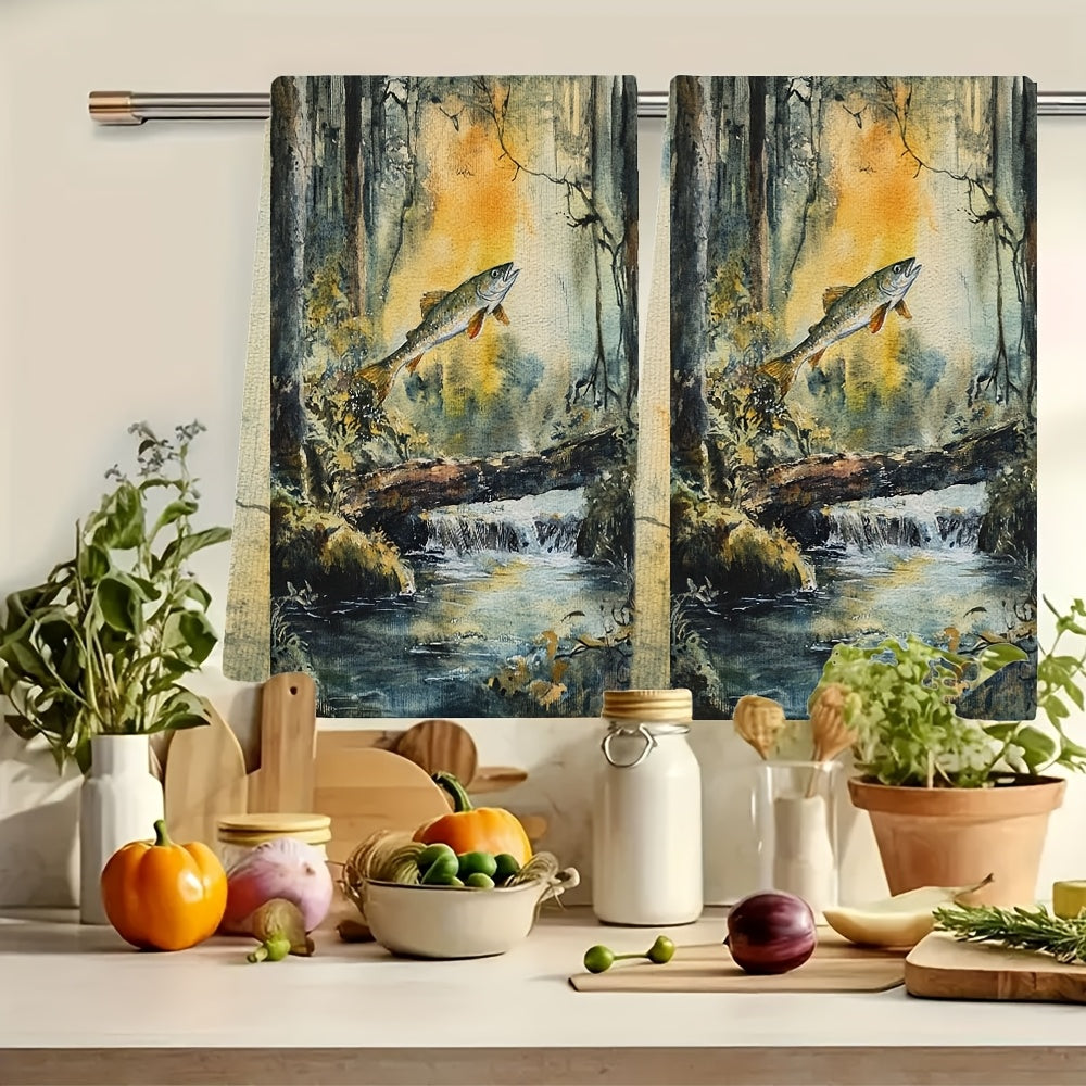 2 ta Ultra Soft oshxona sochiqlari to'plami 40x60cm, suv o'tkazmaydigan, o'rmon daryosi dizayni