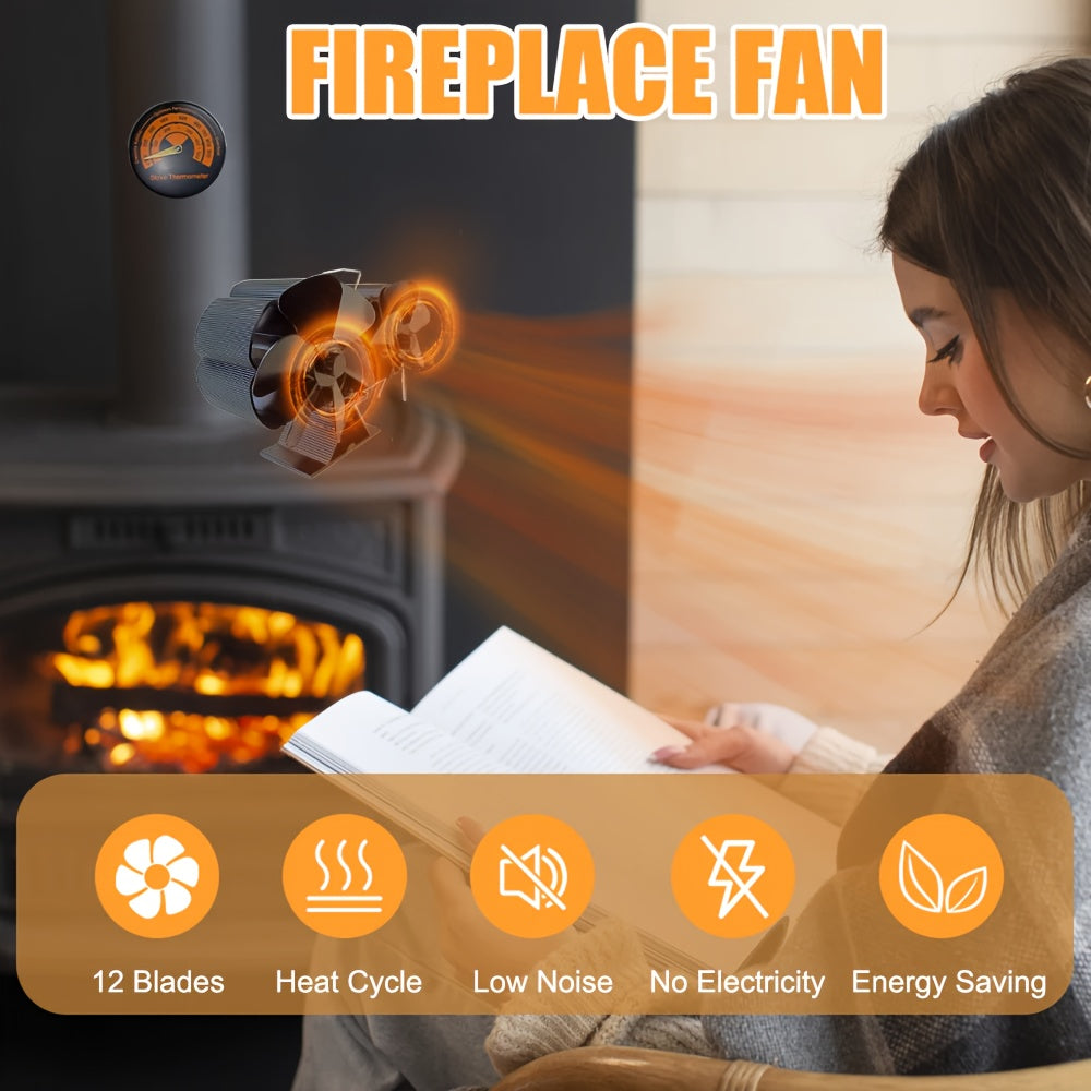 Dual-Head 12-Blade Wood Stove Fan Non-Electric Heat-Powered with Thermometer