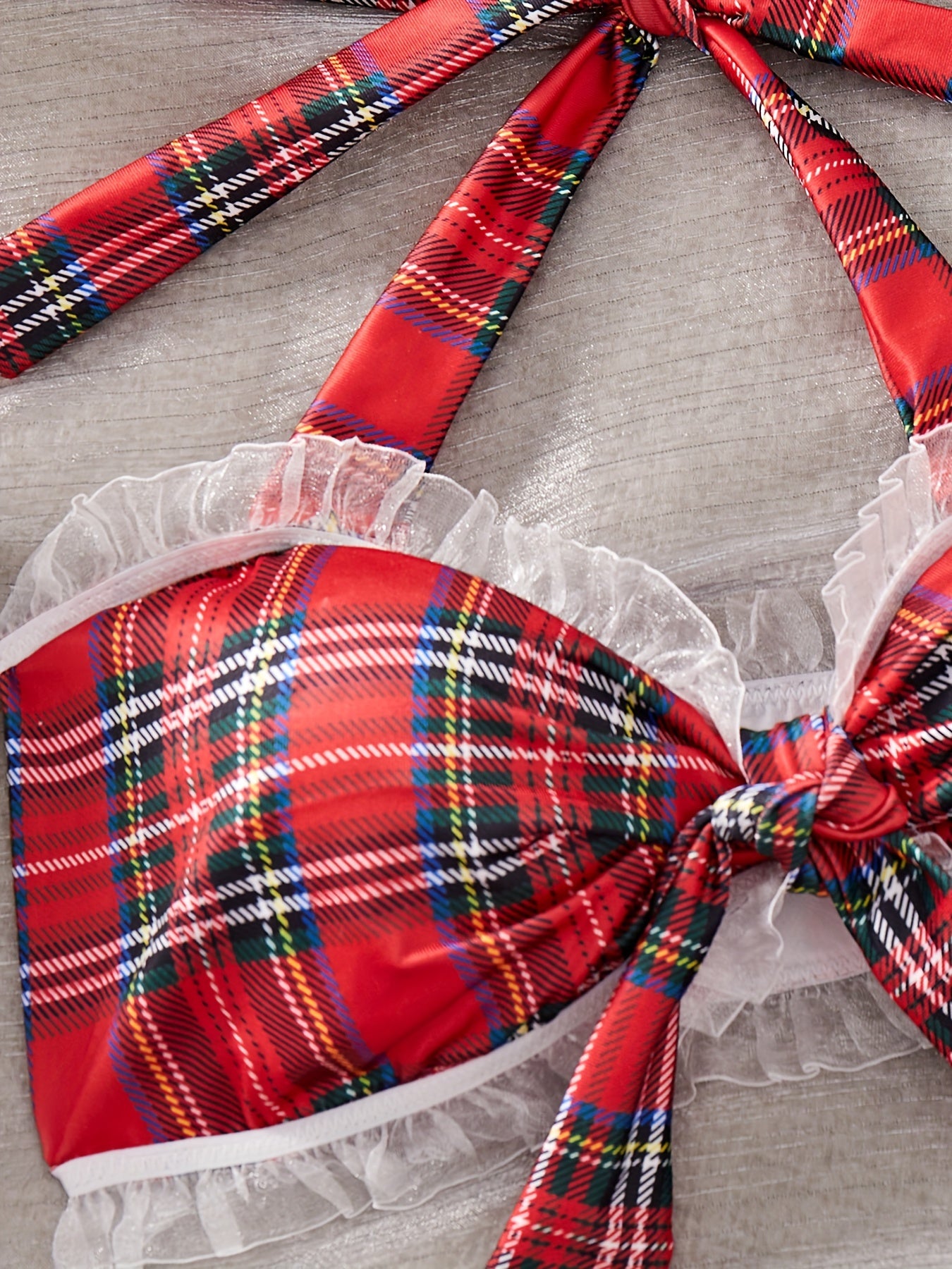 Women's Floral Plaid Halter Neck Lingerie Set with Tie Details