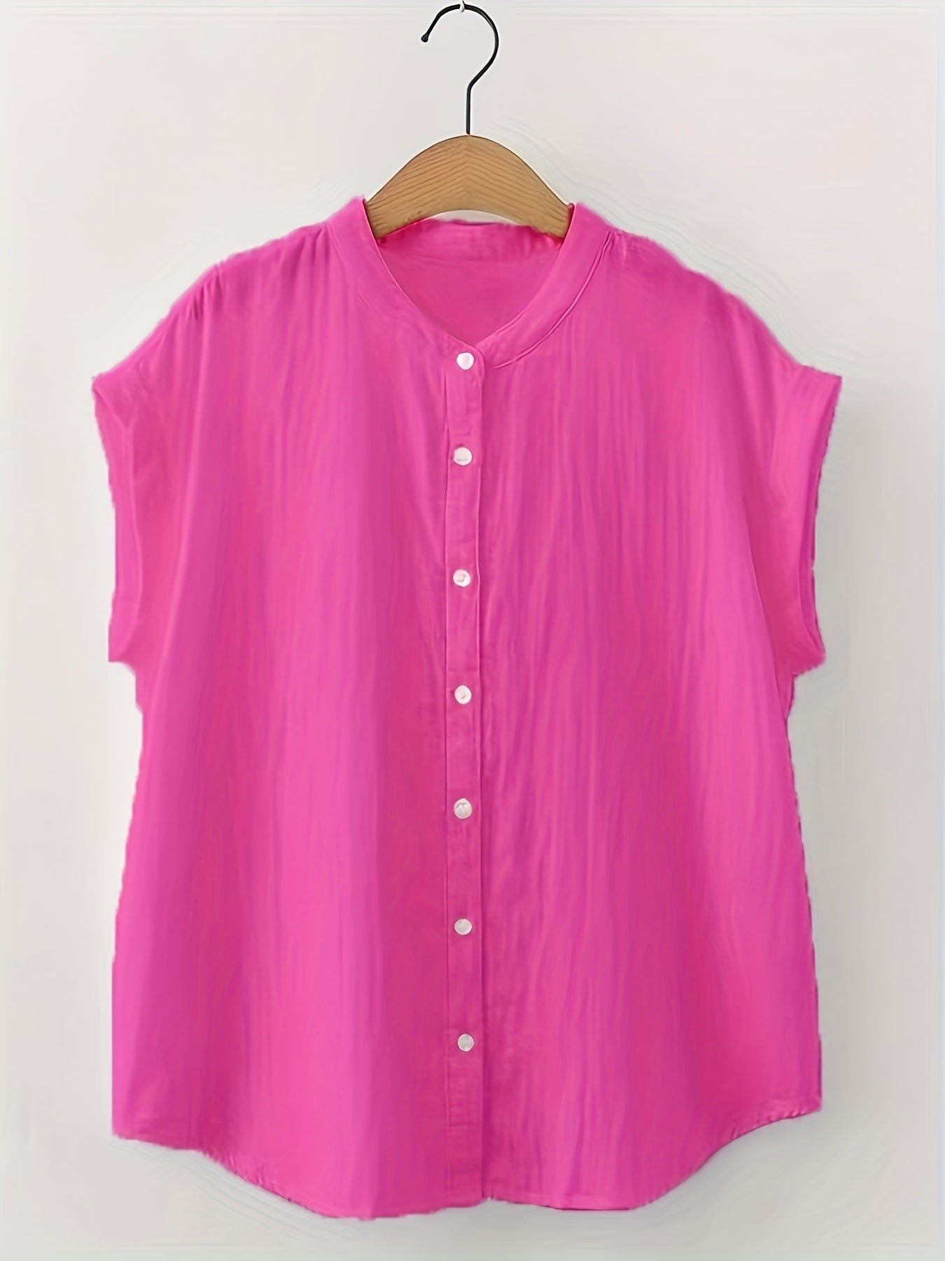 Camisa casual de mujer de talla grande de poliéster a rayas rosas de manga corta con botones