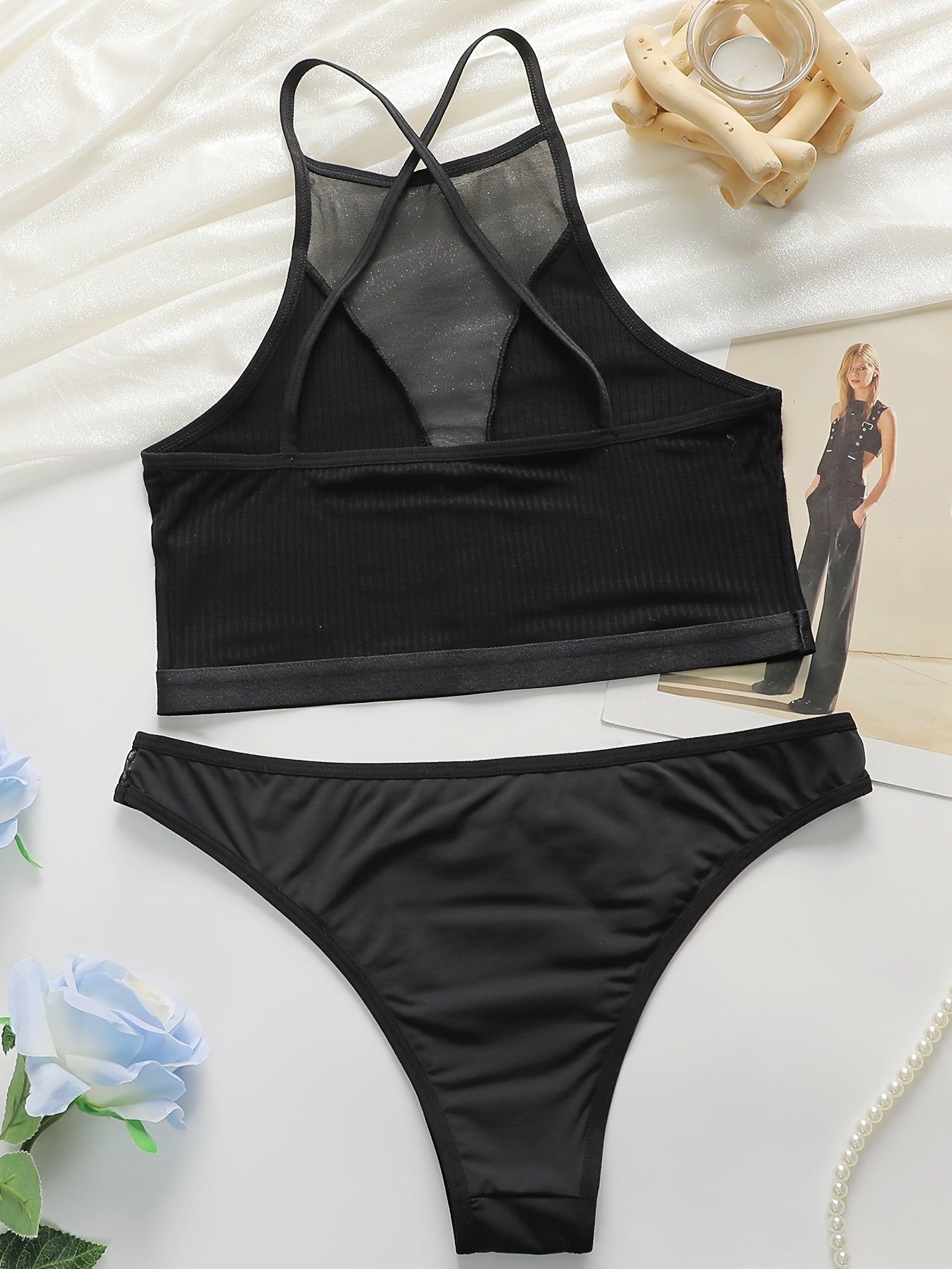 Seamless Mesh Halter Cami Bra and Panties Set Women Sexy Lingerie