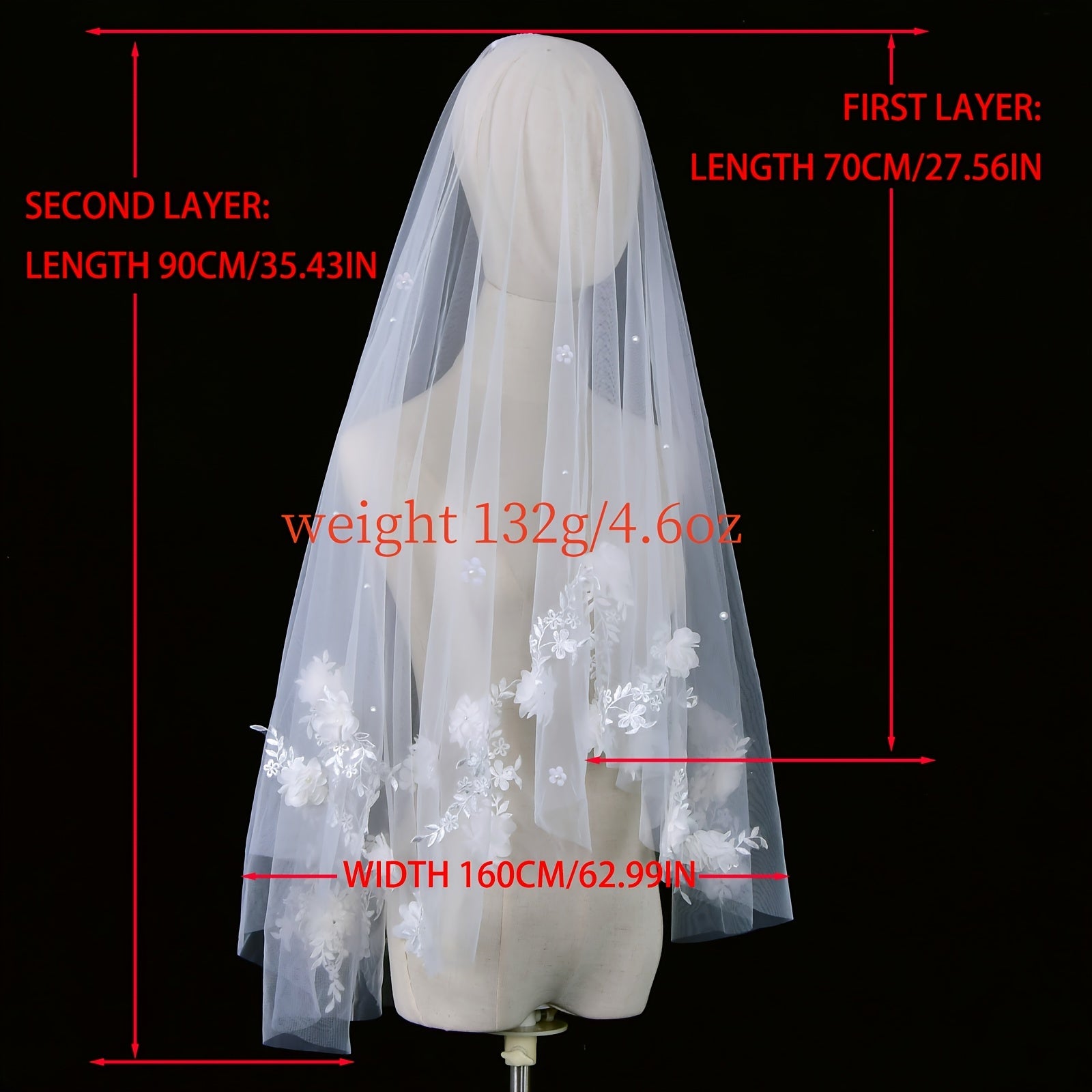 Bridal Veil with Double Layers 3D Floral Faux Pearl Hair Comb for Weddings