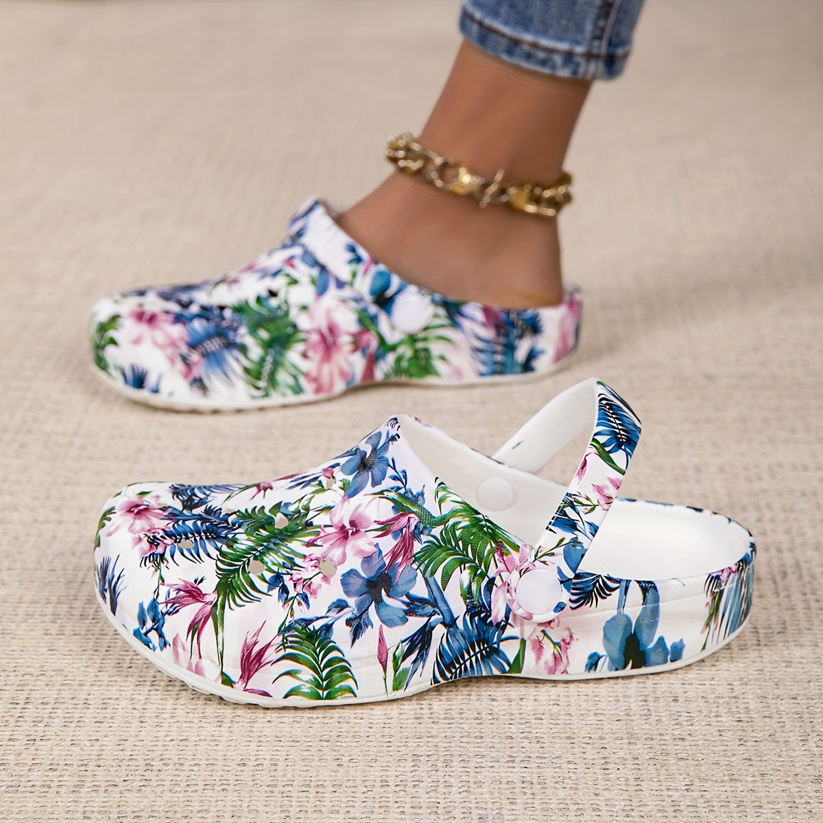 Women's Lightweight EVA Slip-On Shoes with Tropical Floral Print Blue Pink Green