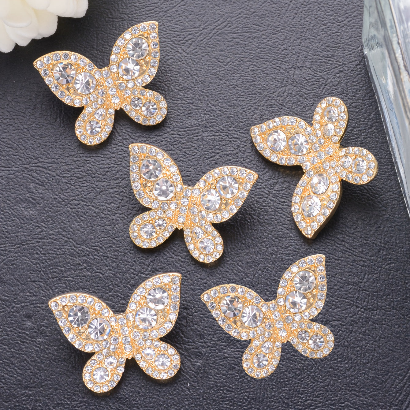 Set of 5 French-Inspired Butterfly Buttons with Rhinestones Metal Alloy Decorative Fasteners for Clothing