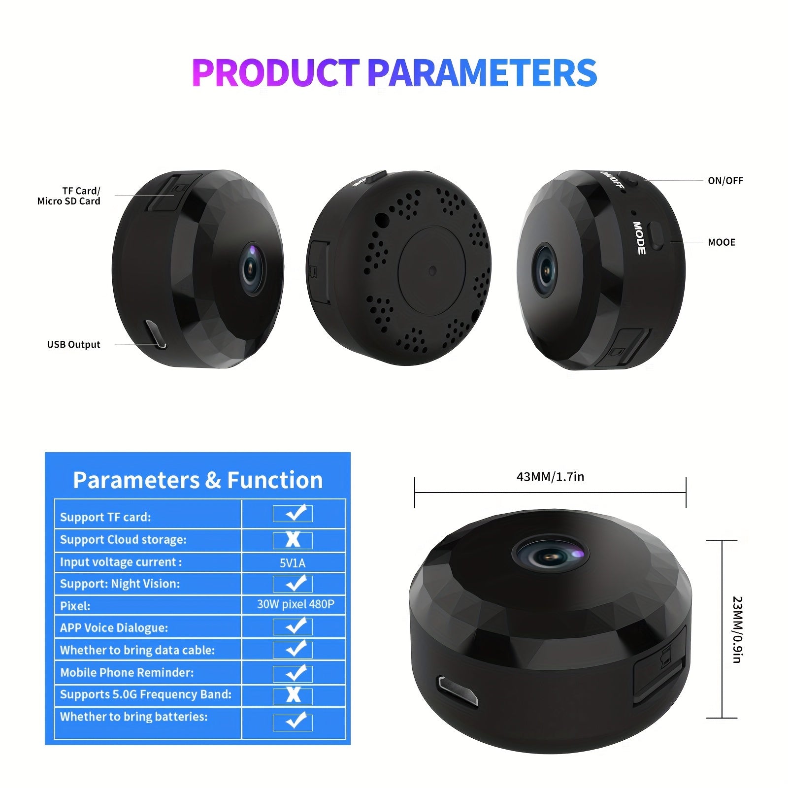 Magnitli ulanish, WiFi aloqasi va masofadan ko'rish imkoniyatlari bilan jihozlangan ixcham xavfsizlik kamerasi uy xavfsizligi uchun.