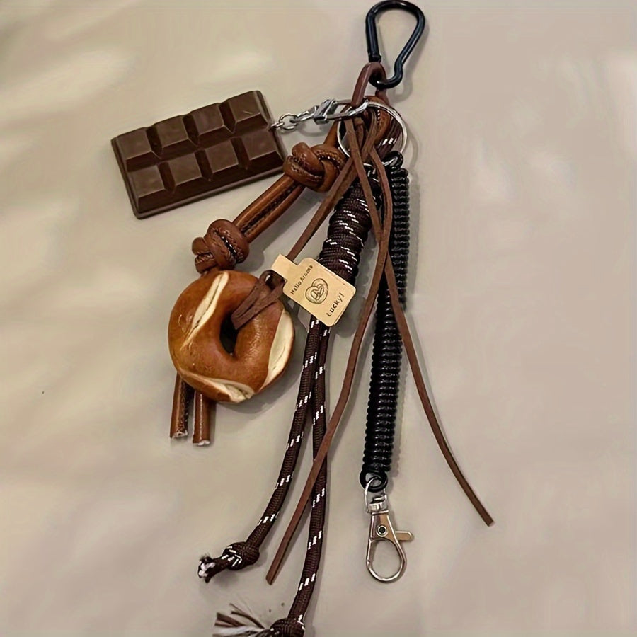 Rock-Inspired Faux Leather Keychain with Chocolate Pretzel Donut Charms and Tassel