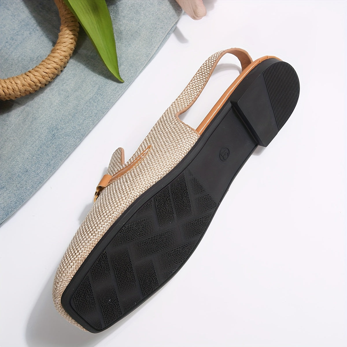 Women's Beige Mary Jane Flats with Buckle Closure Comfortable Square Toe