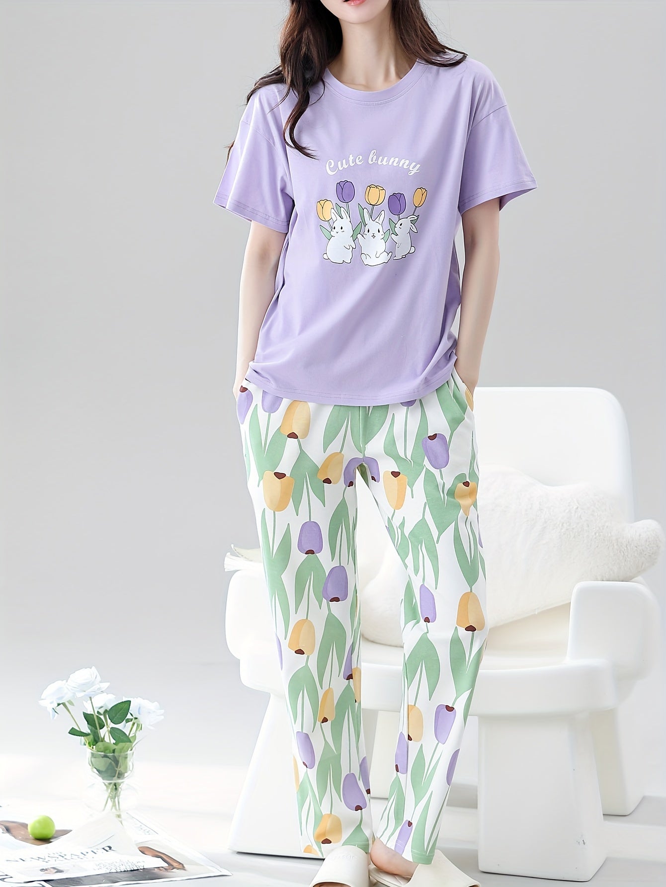 Women's Cotton Pajama Set Spring Fall Short Sleeve Long Pants Casual Floral Rabbit Design