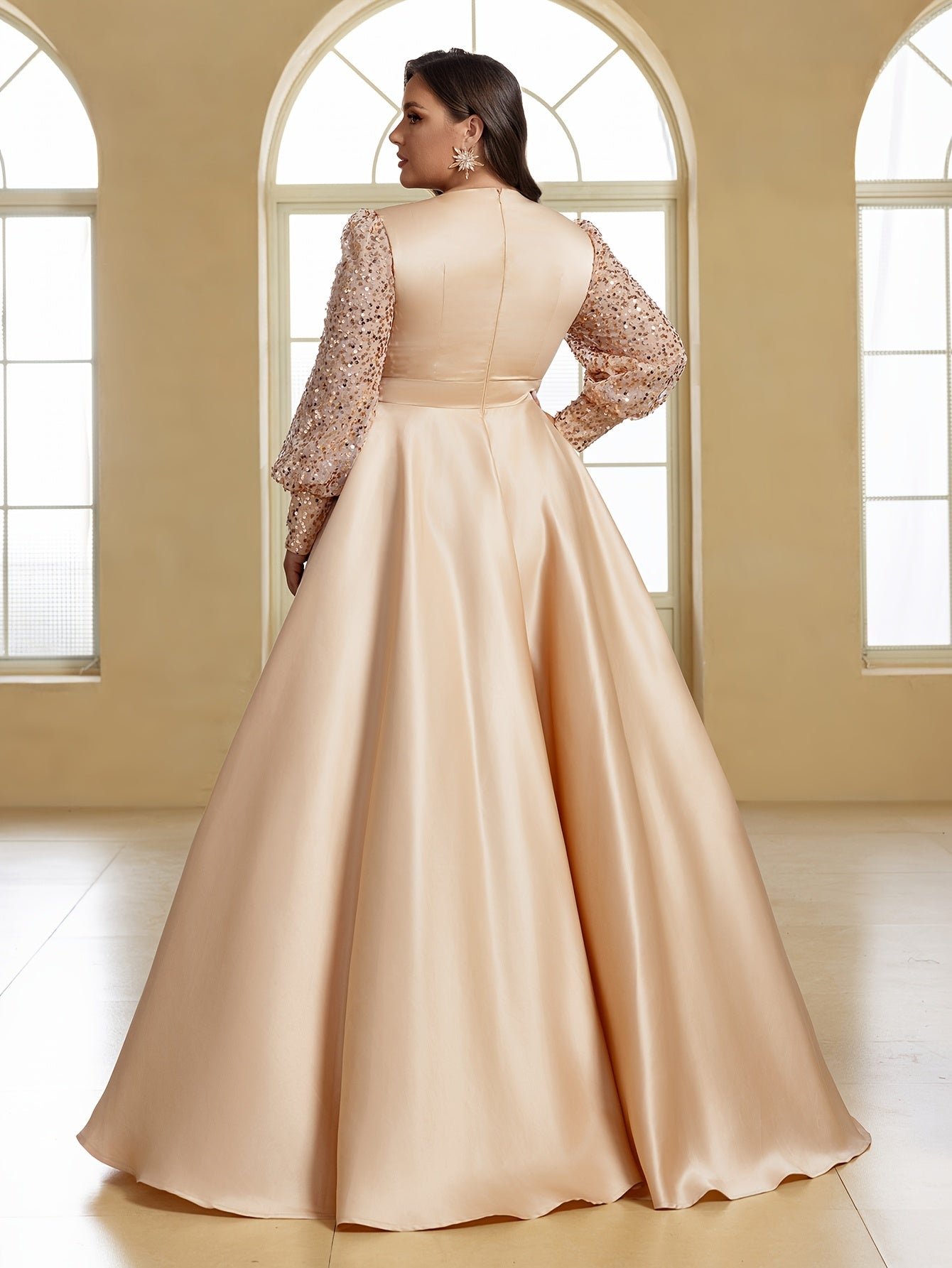 Plus Size Formal Evening Dress Satin Sequin Lantern Sleeve Gown