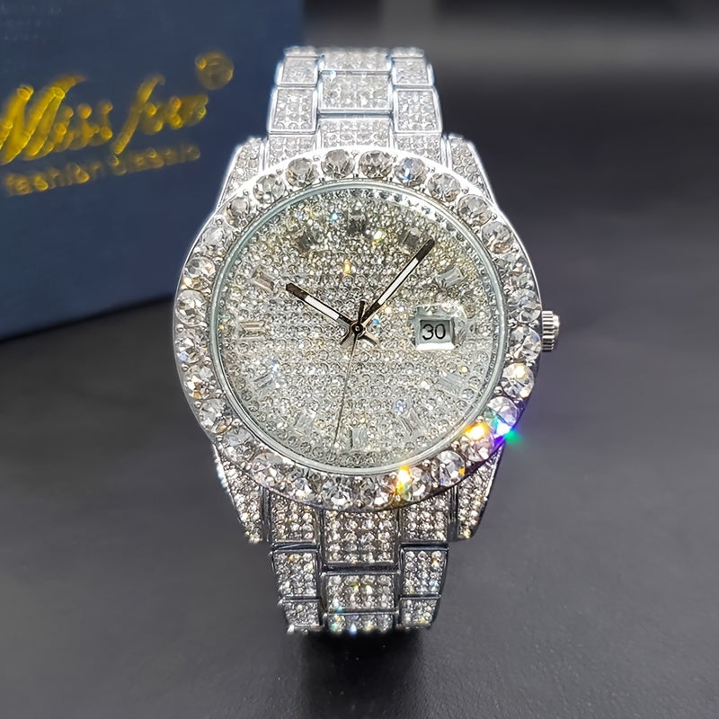 Men's Luxury Watch with Luminous Hands, Large Diamond, Quartz Movement, Alloy Case and Band