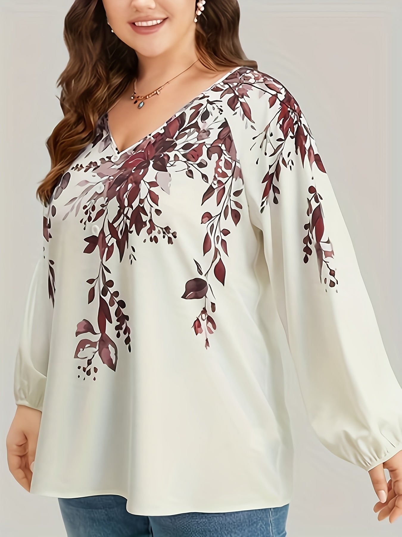 Plus Size Floral Print Blouse V-Neck Long Sleeve Spring Women's Clothing