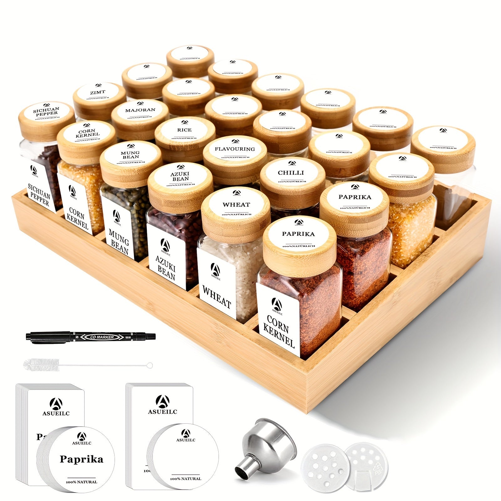 Spice Rack with 12 or 24 Jars Bamboo Lids Drawer Organizer Labels