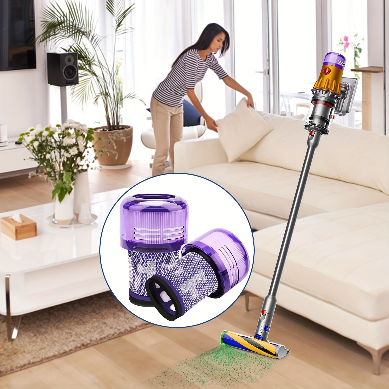 Dyson V12 Detect Absolute Extra/Total Clean/Fluffy changyutgichi uchun ikki paket yuvilishi mumkin bo'lgan almashtirish filtrlar.