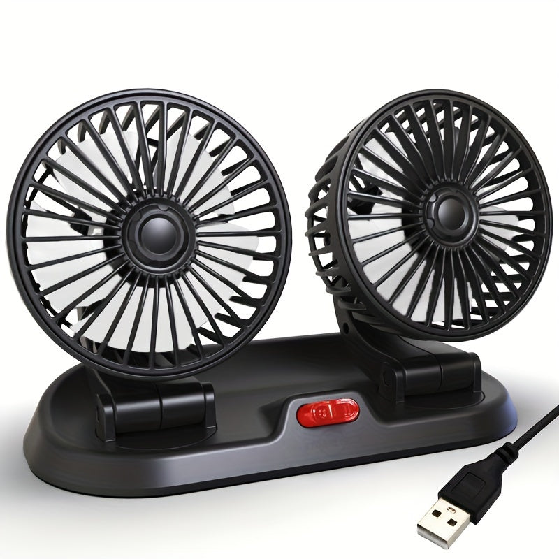 Dual-Head USB Car Fan with 3 Speeds and 360° Rotation for Vehicles and Office