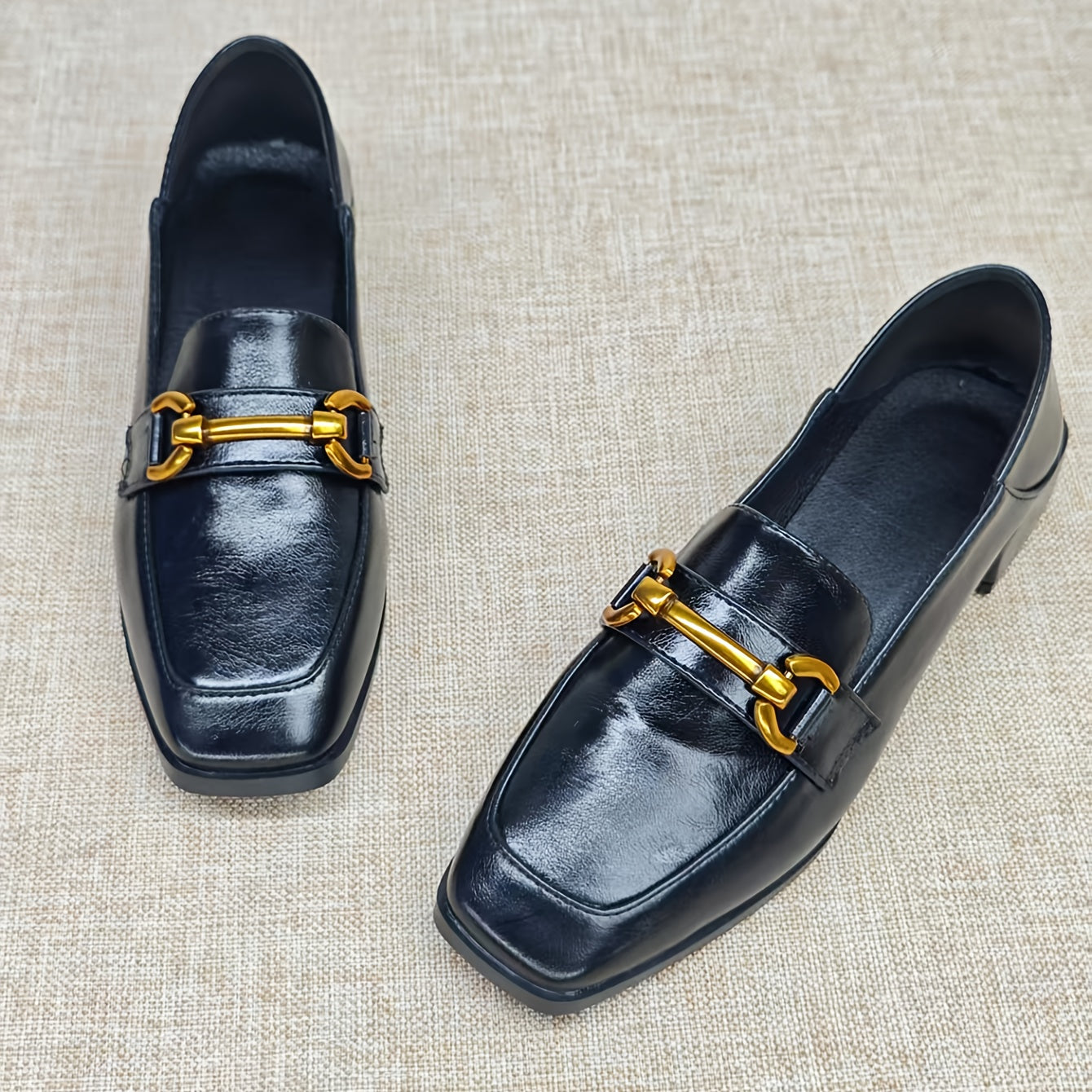 Women's Vintage Black Loafers Flat Shoes Penny Buckle Square Toe