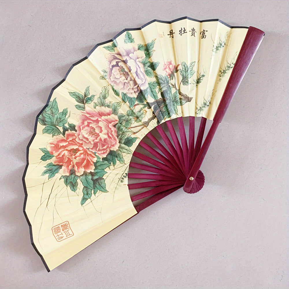 Ancient Style Chinese Folding Fan with Peony Plum Eight Jun Artwork 8-Inch