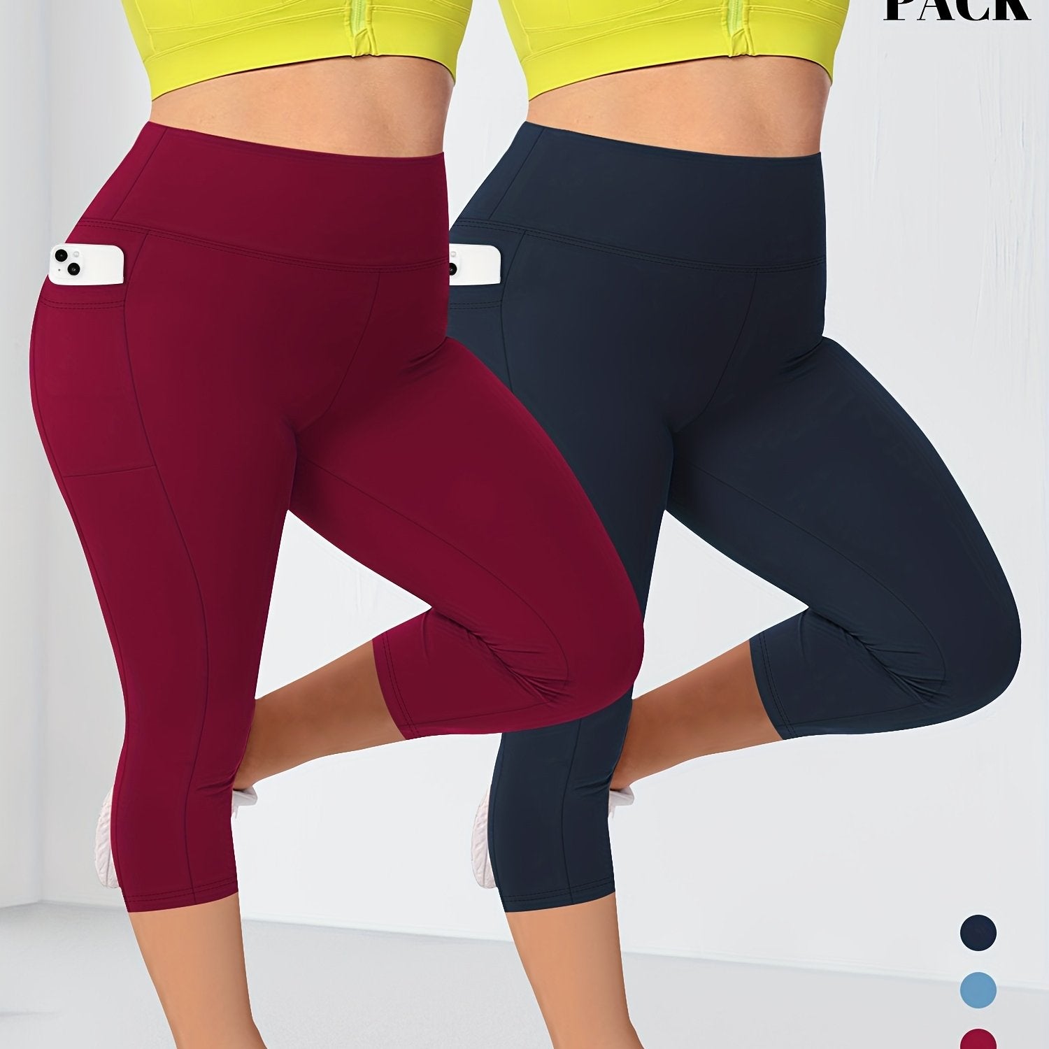 Plus Size Women's High-Waist Leggings 2-Pack with Pockets Stretchy Blue Black