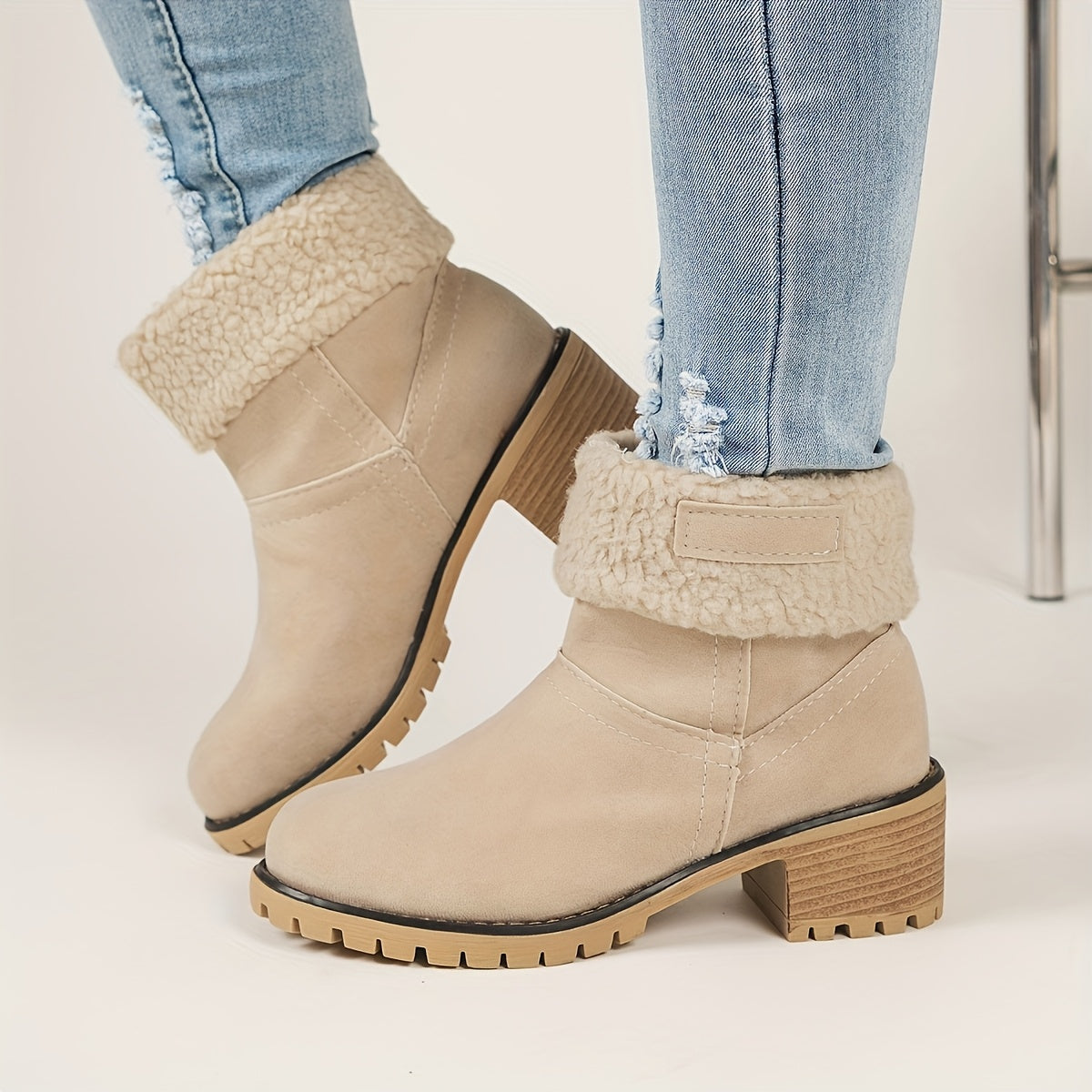 Women's Fleece-Lined Ankle Boots Winter Mid-Calf Thick Rubber Sole