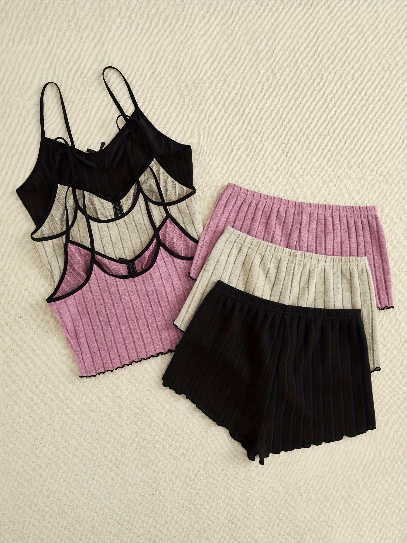 Women's 3-Piece Sleepwear Set Pajamas Shorts Tank Top Solid Color Polyester Elastane