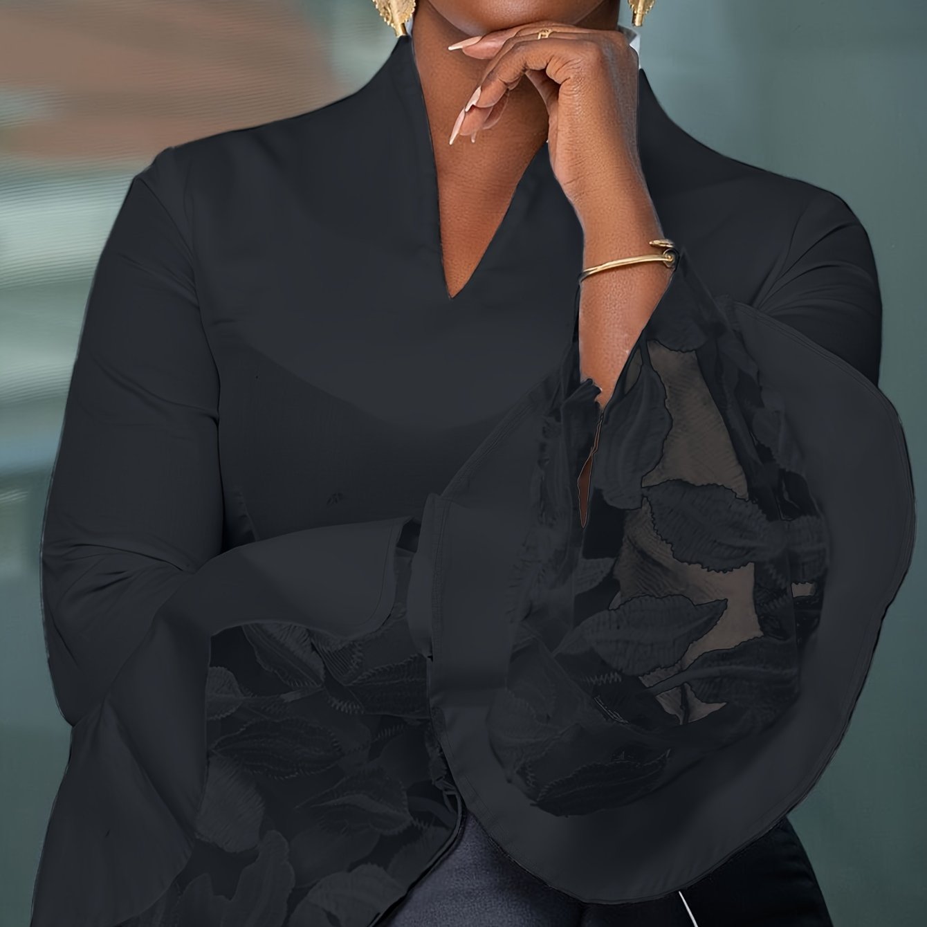 Plus Size Women's Flare Sleeve Long Shirt Contrast Lace Commuter Top