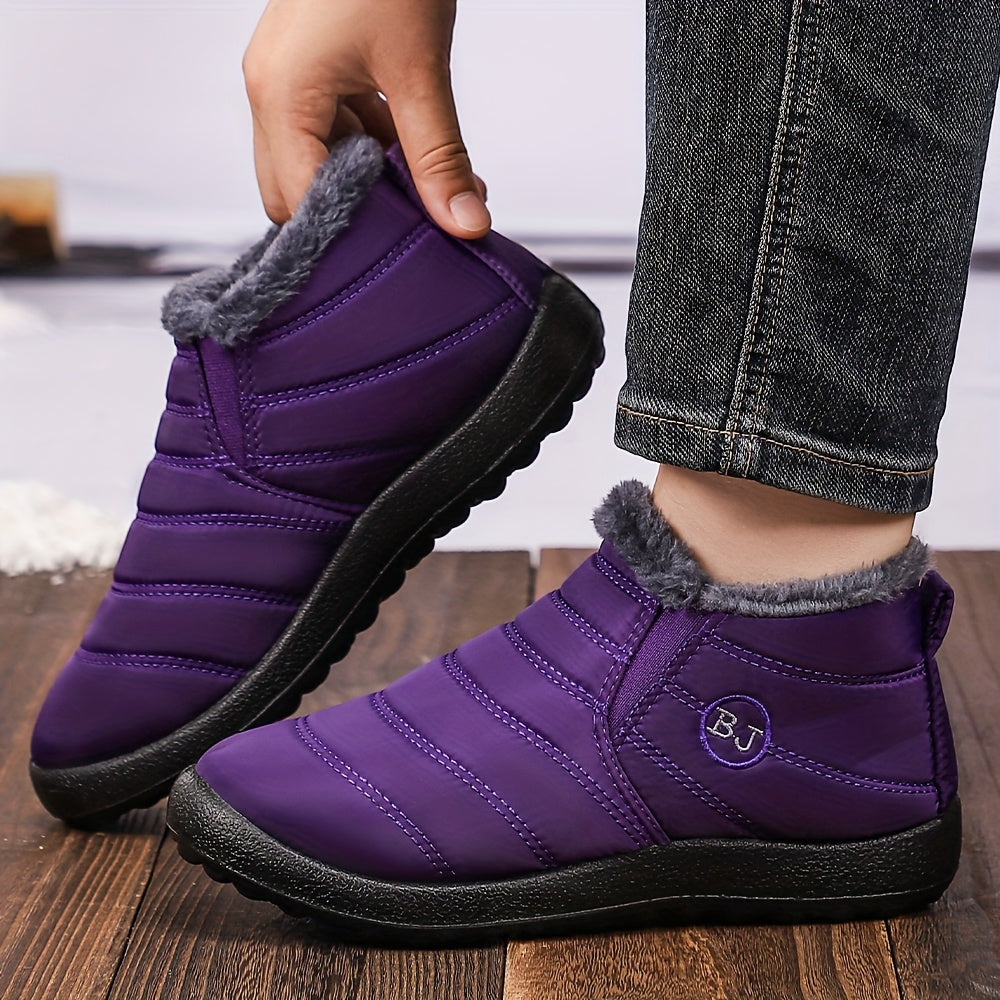 Women's Slip-On Ankle Boots Black Soft Fabric Plush Lining Comfortable Flat