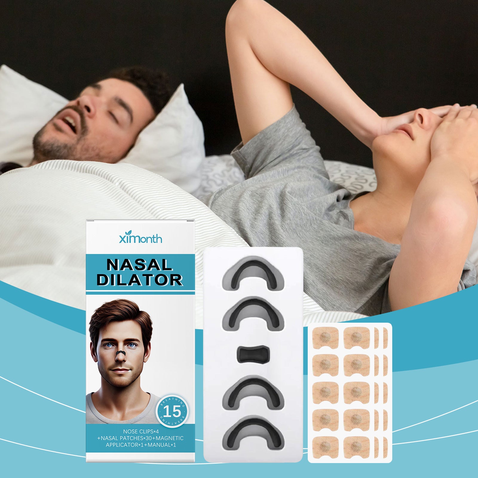 Snore Relief Kit with 30 Nose Patches, 4 Comfort Clips, Magnetic Nasal Dilator for Men and Women